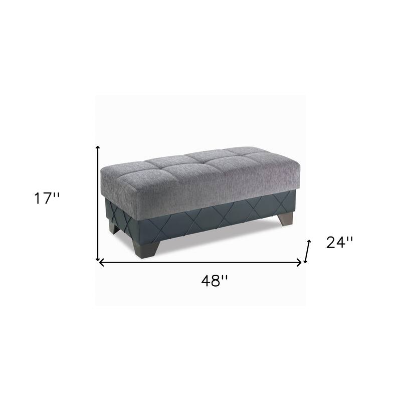 HomeRoots 48" Gray and Brown Chenille And Faux Leather Tufted Storage Ottoman