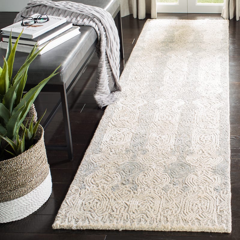 SAFAVIEH Handmade Glamour Mehrangiz Modern Viscose Rug - 2'3" x 8' Runner - Grey/Ivory
