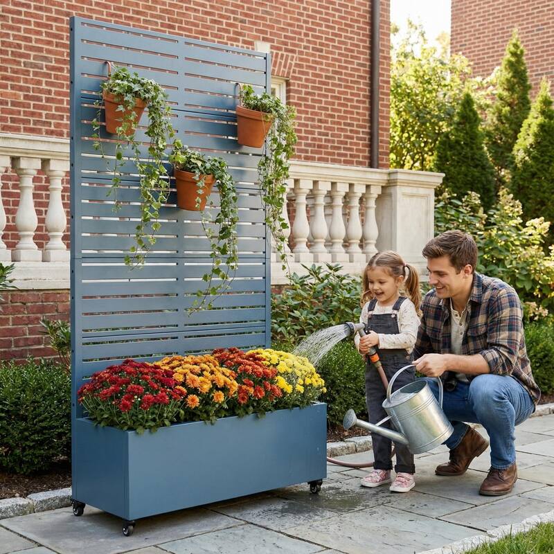 Raised Garden Bed Planter with Trellis Movable Planter Box with Lockable Wheels