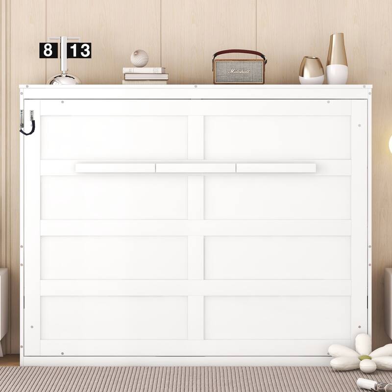 Space-Saving Full Size Wall Bed with Flexible Slats, White/Gray