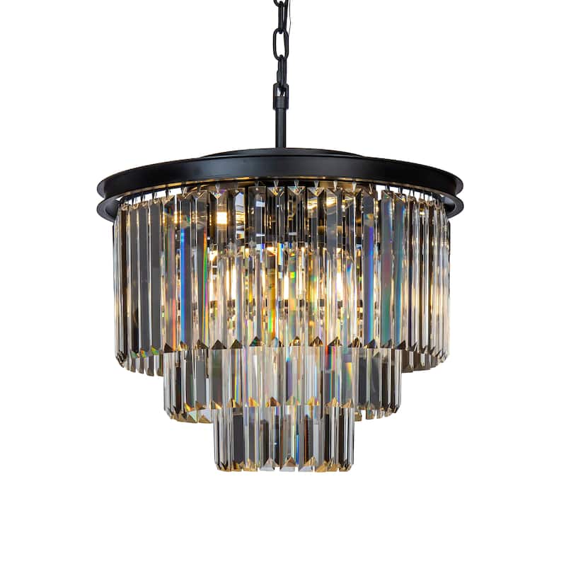 6-Lights Mid-Century Modern 3-Tier Round Fringe Crystal Chandelier - Matte Black