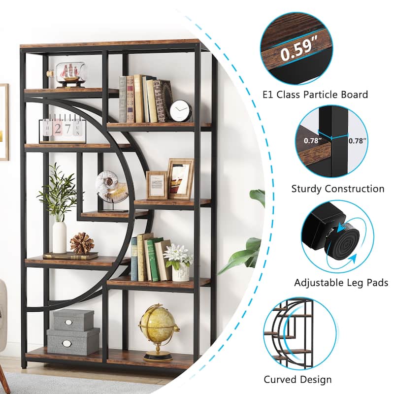 Industrial Etagere Bookcase with 8-Open Storage Shelf, Tall Geometric Book Shelves