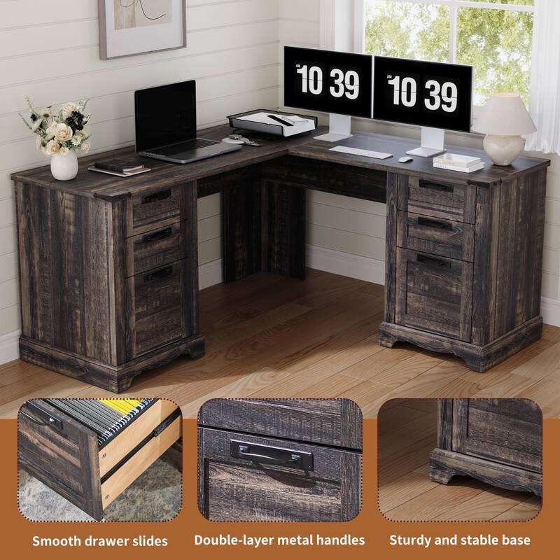 L Shaped Desk Set of 2, Wood Office Desk with Charging Station