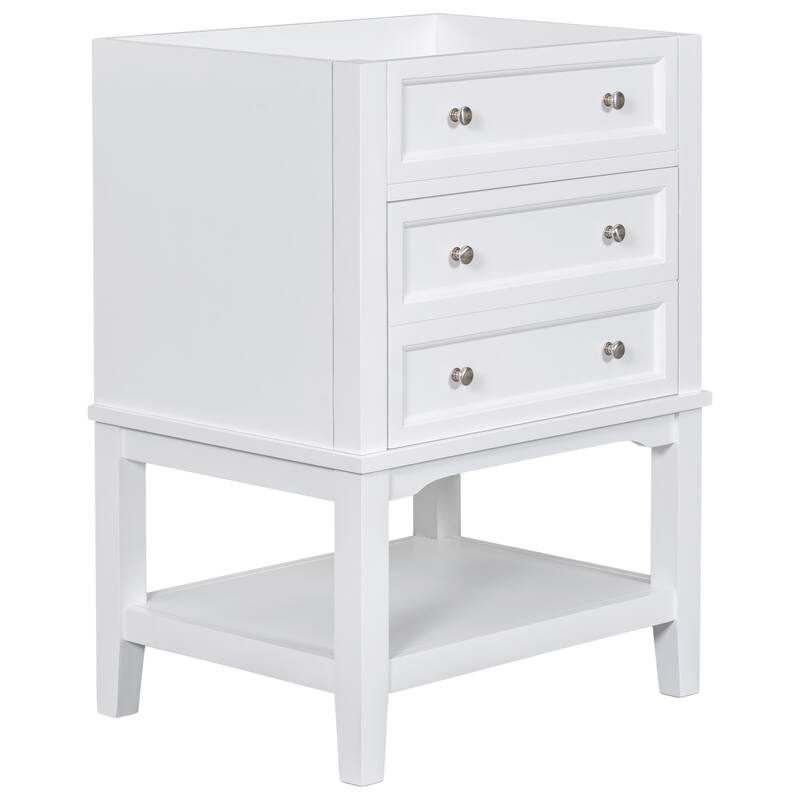 24" White Bathroom Vanity Base - Solid Wood & MDF Cabinet, Open Shelf & Drawer, Freestanding Design