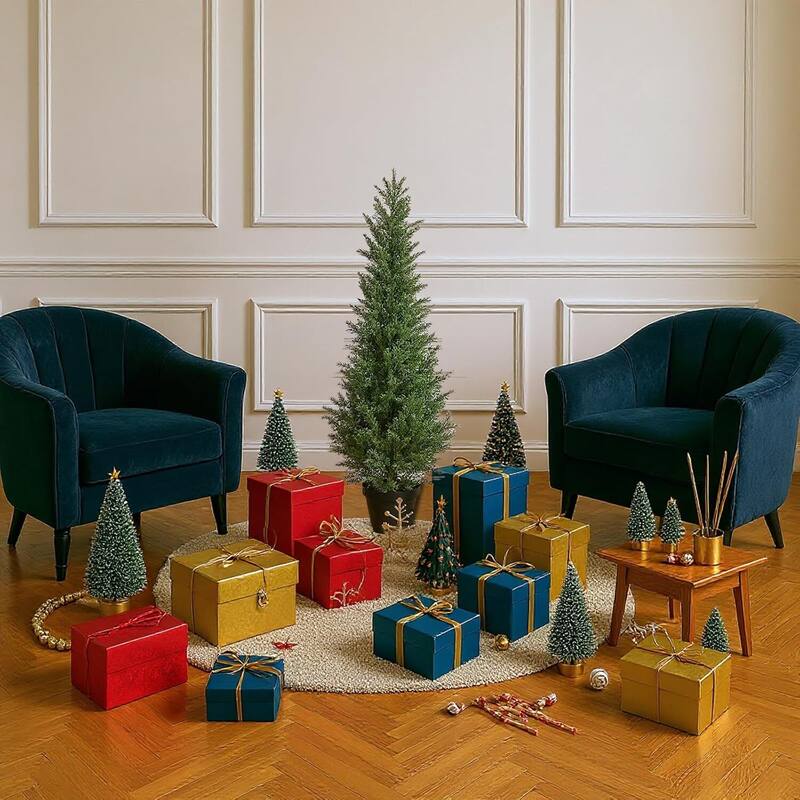 Set of 2 Artificial Cedar Topiary Trees for Home Decor Potted Fake Cypress Tree