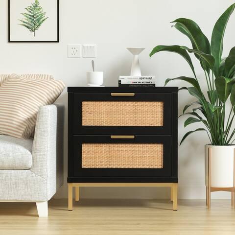 Anmytek Rattan 2 Drawers Black Nightstand Farmhouse Bedside Table Sofa Side Table