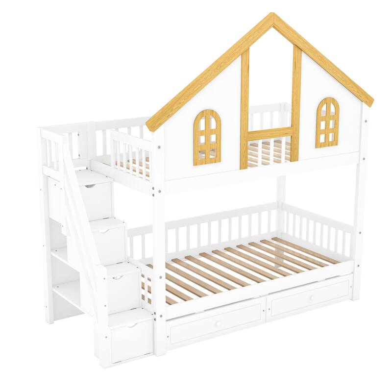 GDFStudio -DreamCottage Modern Wooden House Roof Bunk Bed with Storage Drawers and Staircase