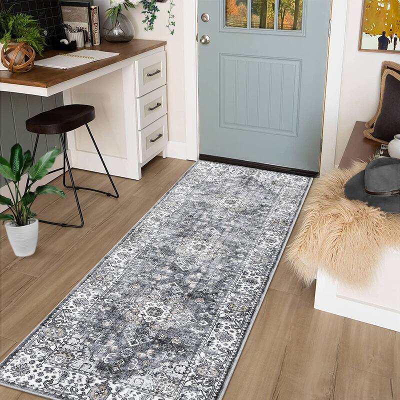 Washable Rug Vintage Medallion Area Rugs for Living Room Bedroom, Non-Skid Low Pile Floral Rug Soft Foldable Rug