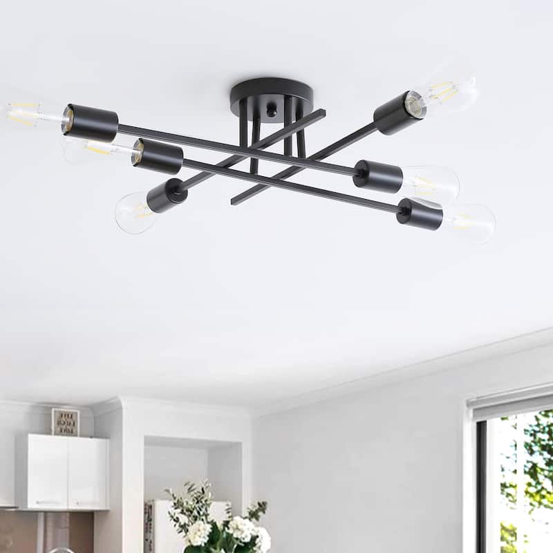 Modern Black 6-Light Sputnik Ceiling Semi Flush Mount Lamp