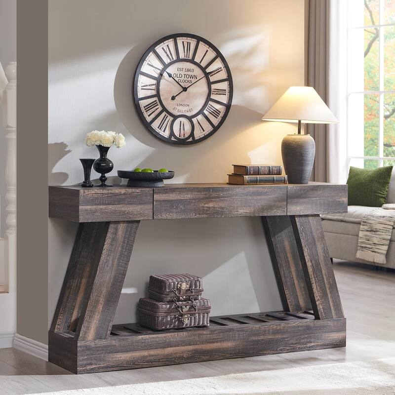 60" Farmhouse Entryway Table with Drawer, Entry Table, Foyer Table - Dark Rustic Oak