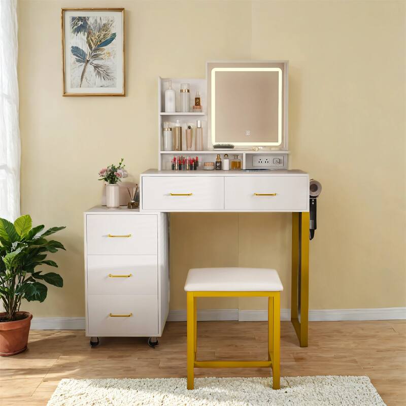 Makeup Vanity with LED Lights&3 Color and Power Outlet - White