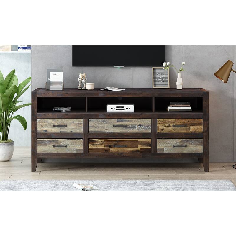 Retro TV Stand for 65" TVs, Media Console with 6 Drawers & 3 Shelves, Rustic Entertainment Center with Cable Management