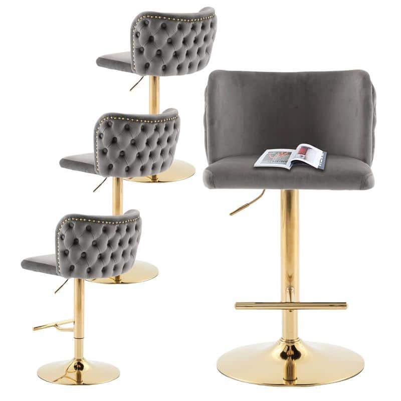 Modern Upholstered Swivel Adjusatble Height Leather Barstools Set of 2 - Grey Glod
