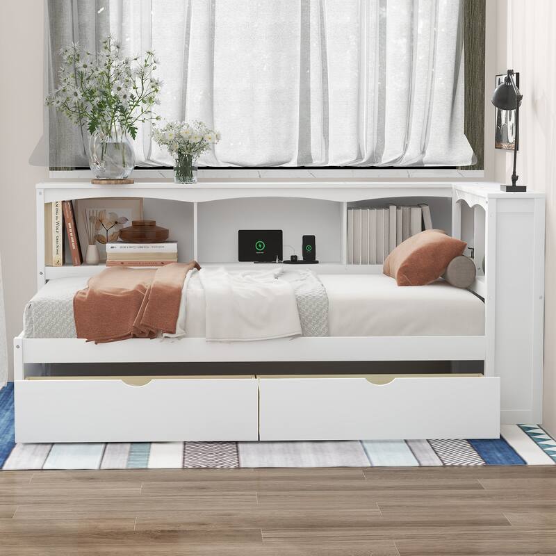 Twin Size Daybed with Storage Drawers, Cabinets and USB Charging Ports in White