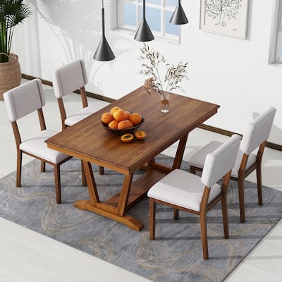Farmhouse 5-Piece Dining Set with Upholstered Chairs, 59-Inch Rectangular Table with Trestle Base, Seats 4-6