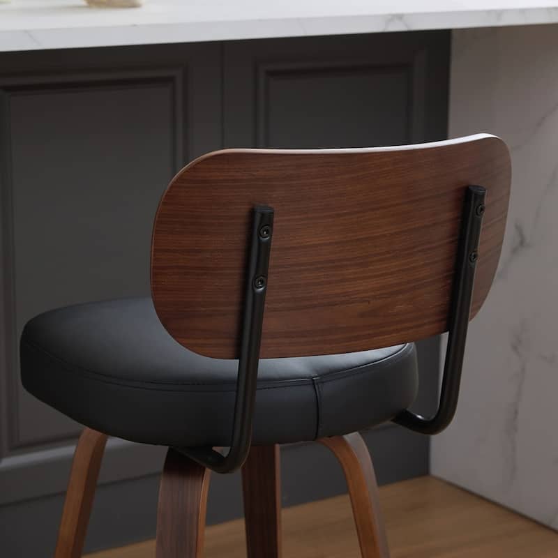 Upholstered Faux Leather Counter Height Barstools with Walnut Back and Bentwood Legs