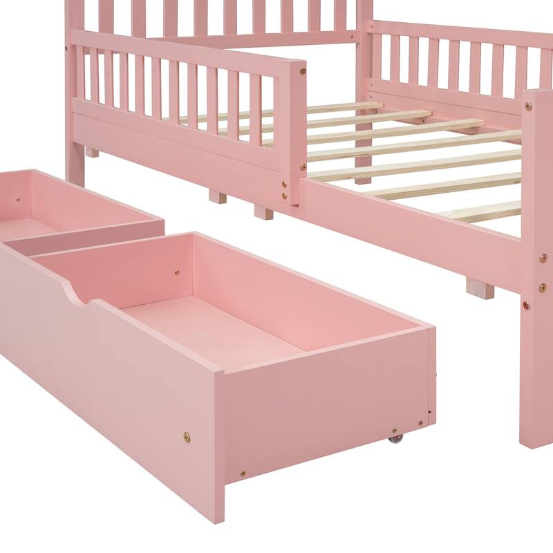 Pink Twin Size Wooden Platform Bed with Guardrails on Both Sides and Two Storage Drawers