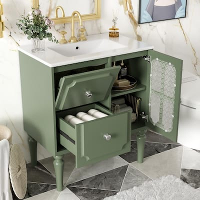 Retro Style 30''Solid Wood Frame Bathroom Vanity with Resin Sink Combo, Freestanding Single Vanity with 2 Drawers