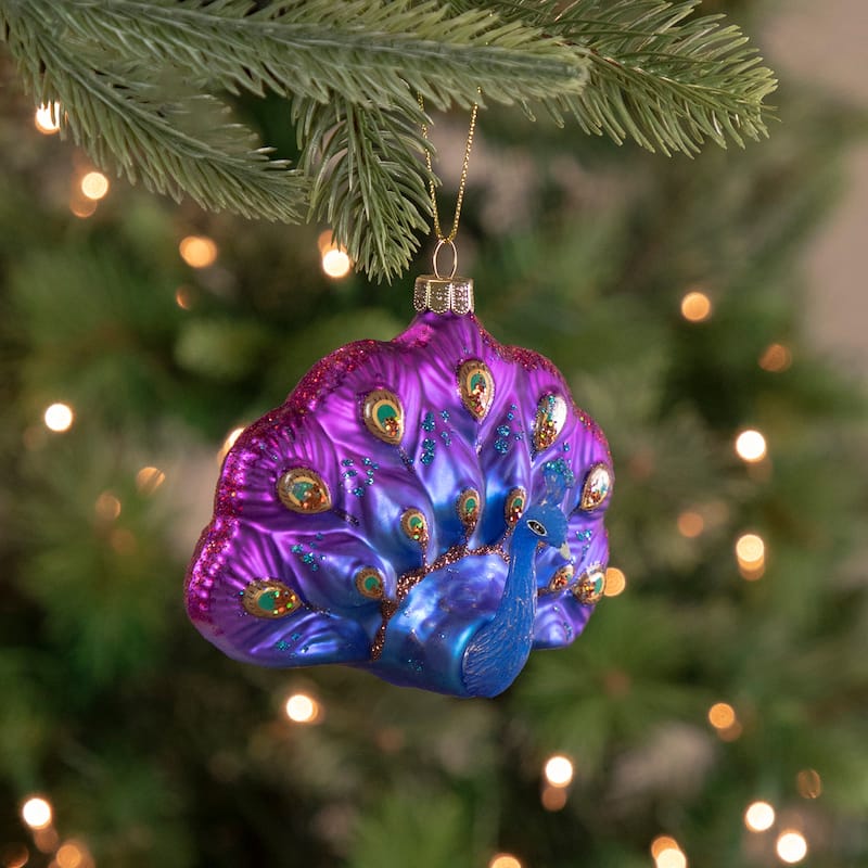 4.25" Regal Peacock Blue Purple Glittered Glass Peacock Ornament