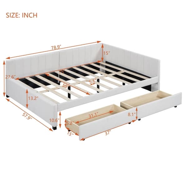 dimension image slide 0 of 8, L-Shaped Backrest Daybed Upholstered Daybed Frame Classic Wood Slats Design with 2 Storage Drawers or Trundle, Full Size