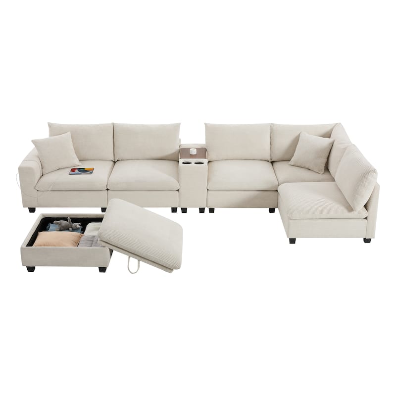 U-Shaped Chenille Upholstered Storage Sofa w/ Ottoman, Cup Holder, USB