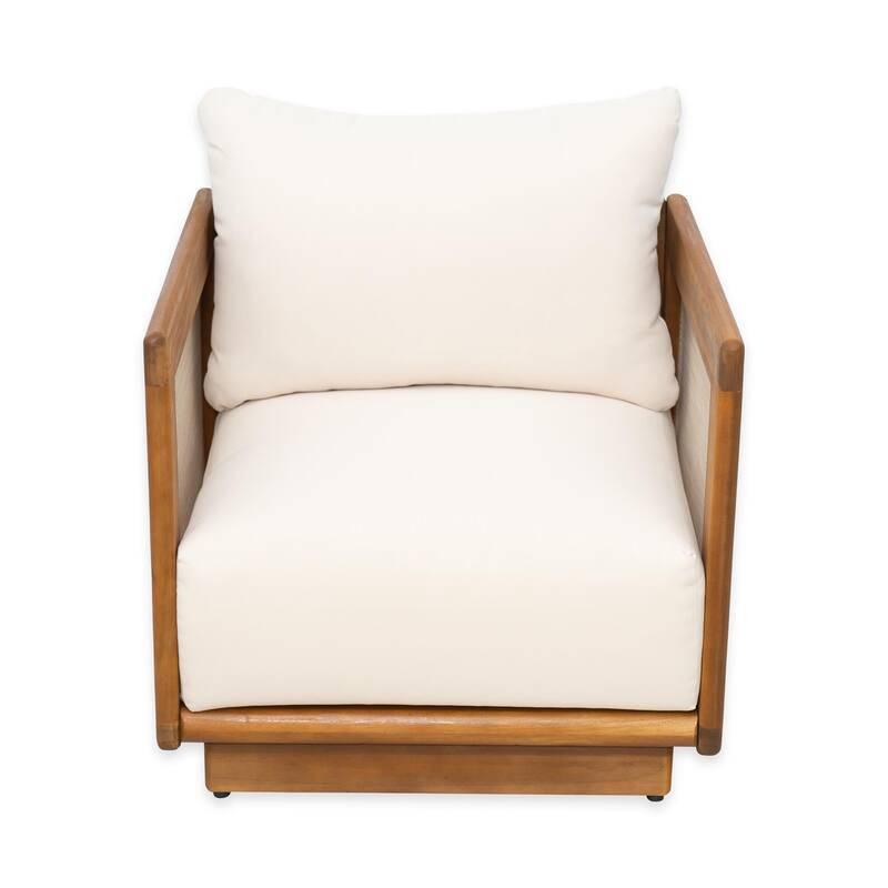 Roomfitters Outdoor Acacia Wood Club Chair with Cushion and Rope Backrest, Patio Lounge Seating, Beige