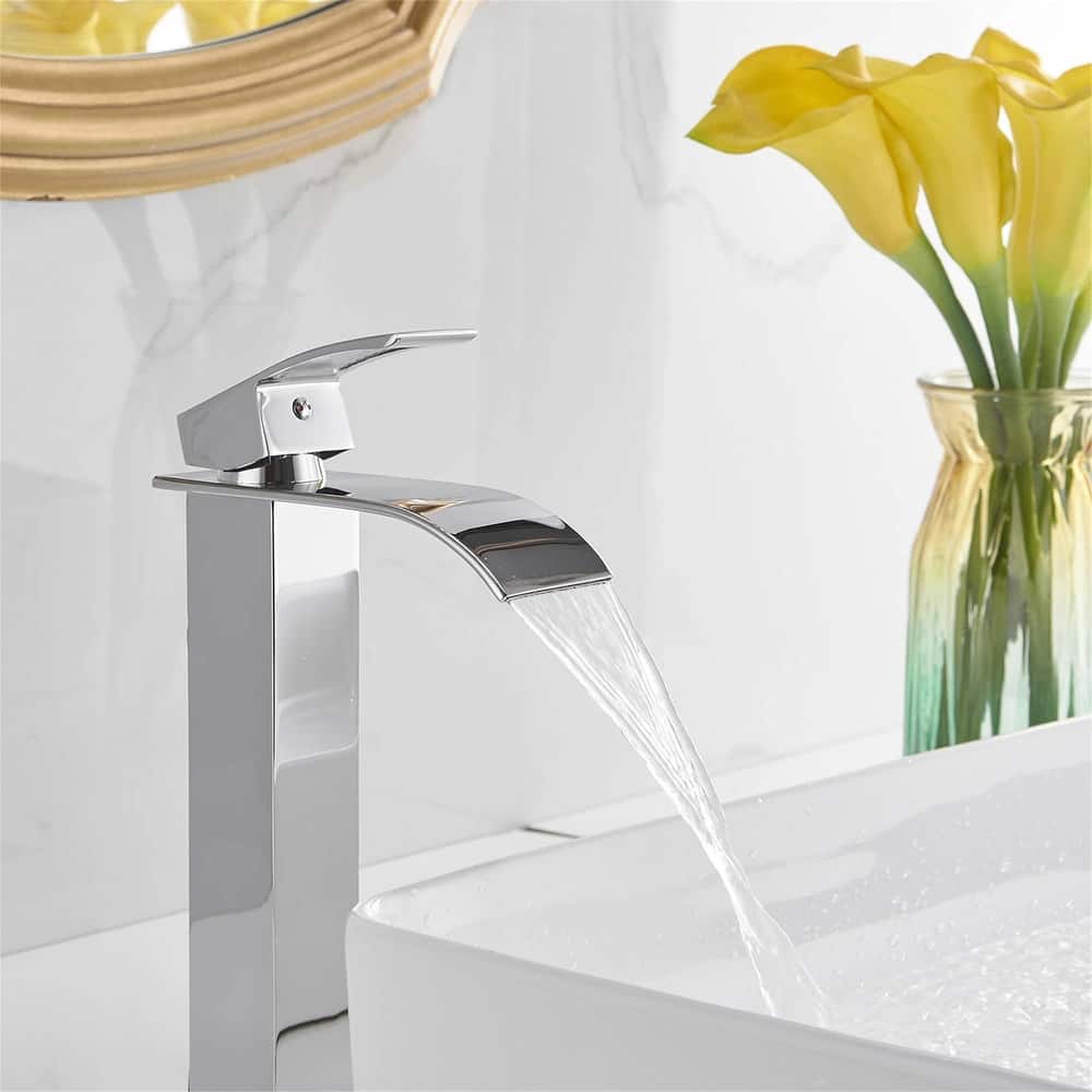 Waterfall Bathroom Vessel Faucet With Drain Assembly Single Handle Bathroom Vessel Sink Faucets 1 Hole Lavatory Vanity Basin Tap