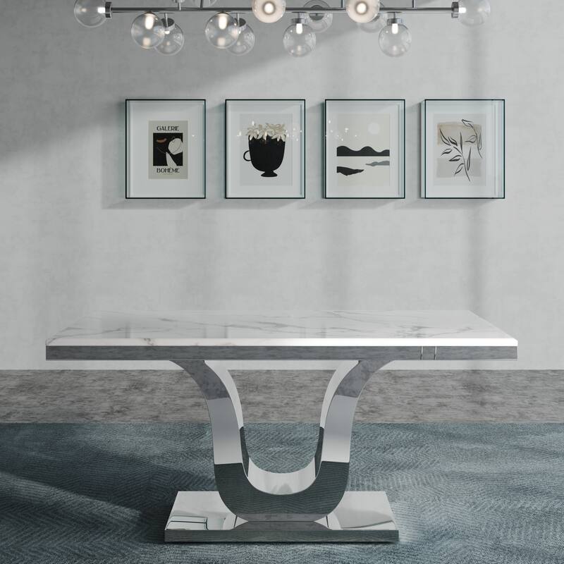 Glam Silver Dining Table Set with 64 inch Dining Table and Black Button Tufted Velvet Dining Chairs