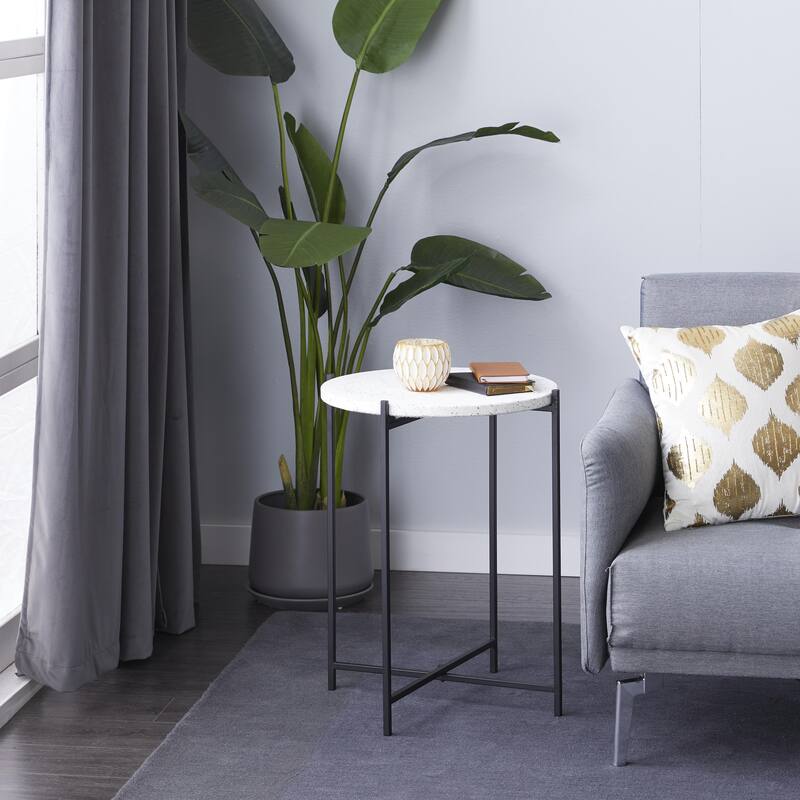 Terrazzo Stone Accent Table with Black Metal X-Stand - White - Roche River Decor
