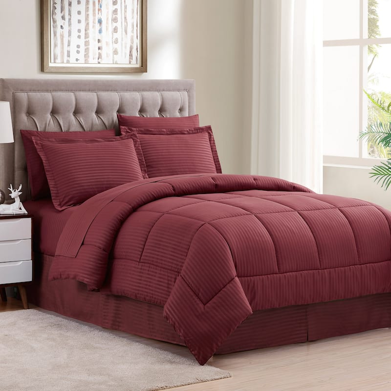 Soft Dobby 8-piece Striped Down Alternative Bed-in-a-Bag Set w/ Sheets - Burgundy - King