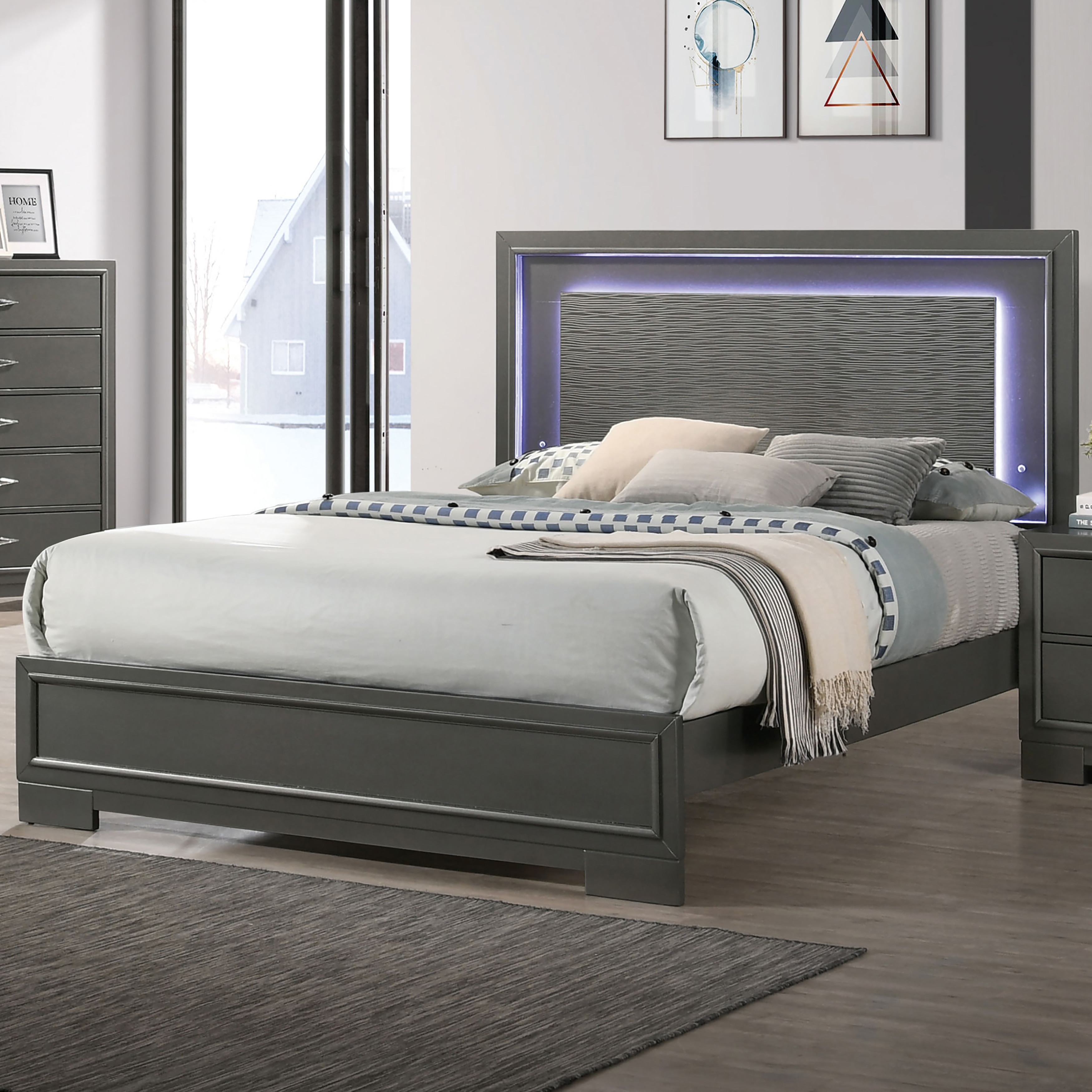 Furniture of America Lalt Contemporary Metallic Grey Wood LED Lighting Panel King Bed