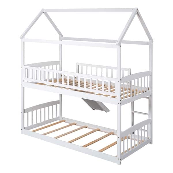 slide 2 of 22, Multifunctional Twin Over Twin Bunk Bed with Slide and Ladder,House Bed with Roof White