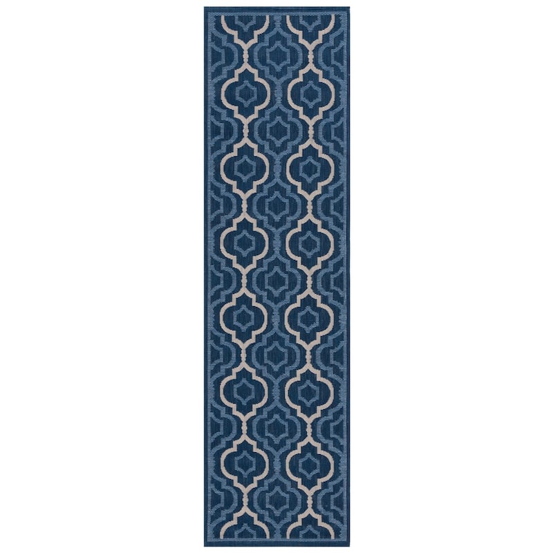 SAFAVIEH Courtyard Oyvor Indoor/ Outdoor Waterproof Patio Backyard Rug - 2'4" x 12' Runner - Navy/Beige