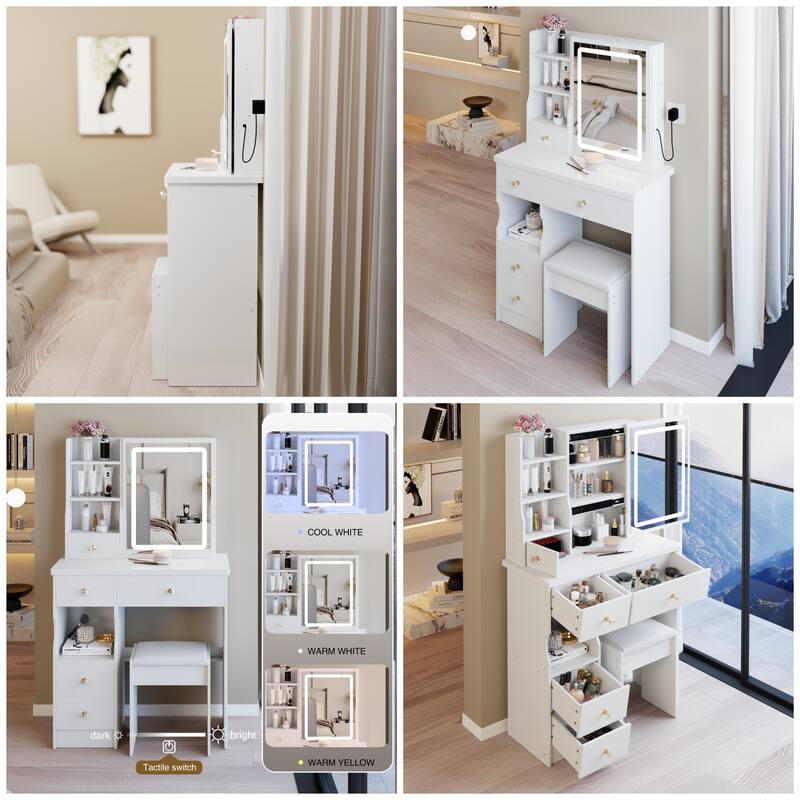 29.2" Vanity Set with LED Mirror, 3-Color Light & Cushioned Stool