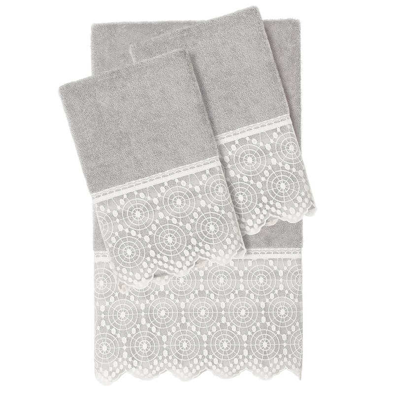 Authentic Hotel and Spa 100% Turkish Cotton Arian 3PC Cream Lace Embellished Towel Set - Light Gray