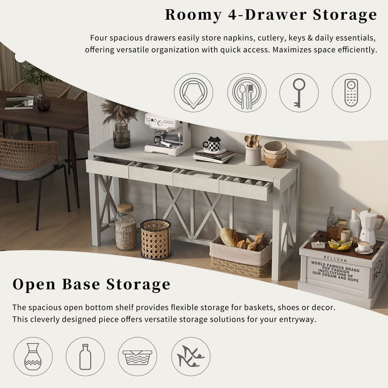60''Acacia Veneer Console Table with 4 Spacious Drawers, Modern Crisscross Design Entryway Table with Open Bottom Storage