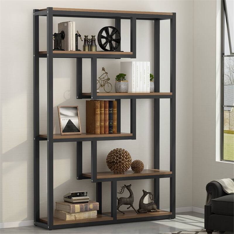69-inch Tall Bookshelf, 6Tiers Bookcase, Industrial Wood/ Metal Display Etagere Rack - Brown