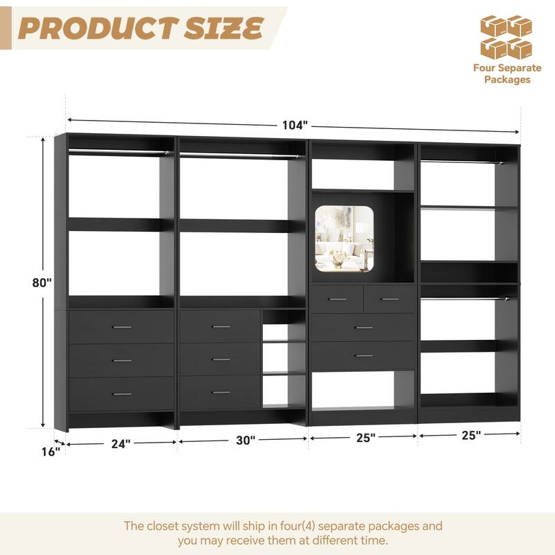 Cimly Set of 4 Closet Organizer with Drawers and Mirror, Freestanding Closet System with Hanging Rods