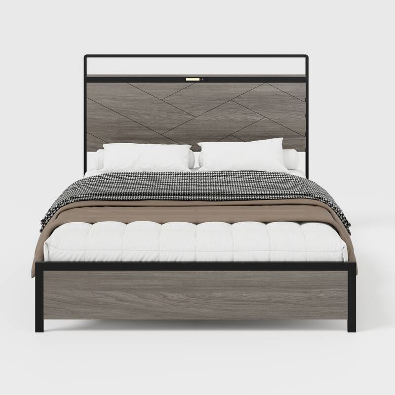 Full/Queen/King Size Platform Bed with 2 USB on Storage LED Light Headboard, Metal Bed Frame Underbed Storage