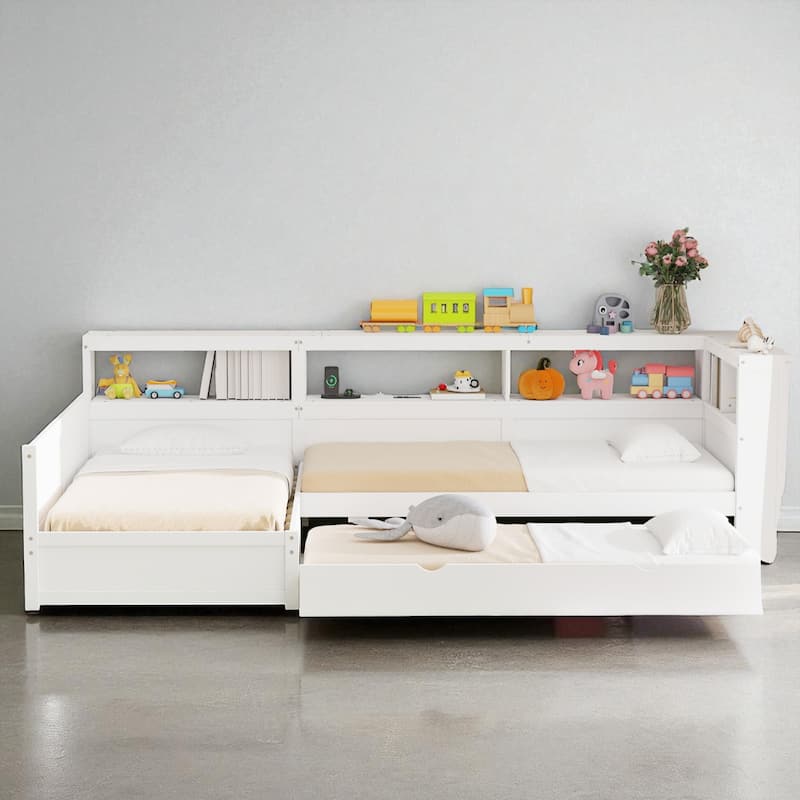 Twin Size L-Shaped Platform Bed with Trundle, Storage Drawer, Shelves, USB Charging Station, Solid Wood Frame - White - Twin