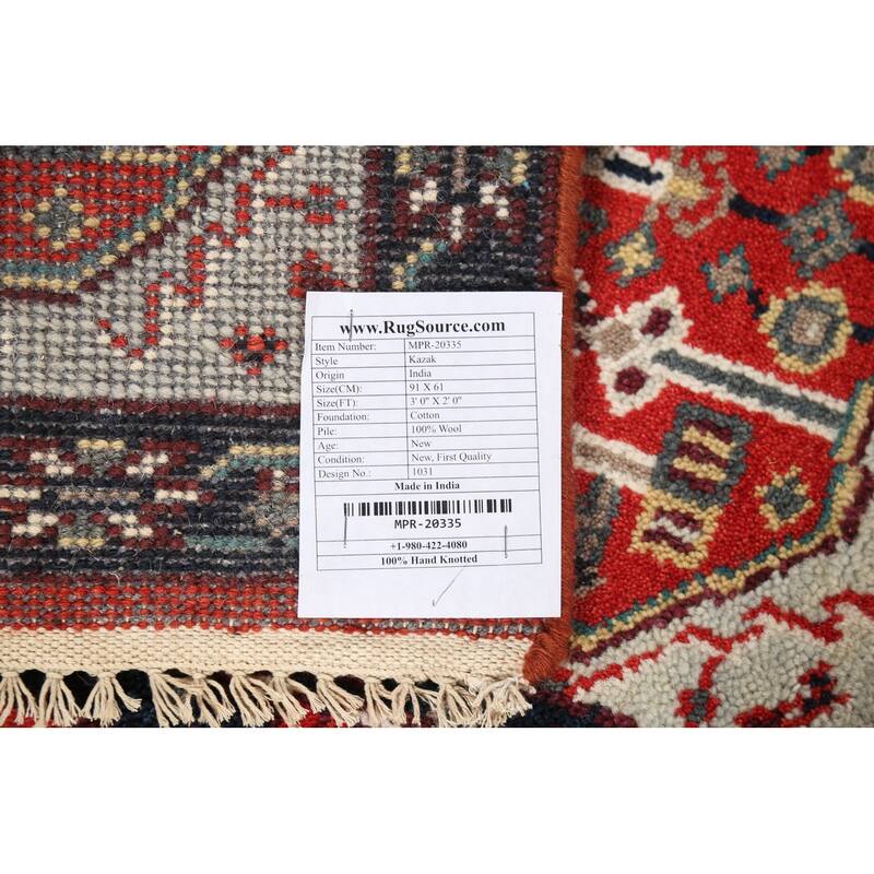 Geometric Kazak Indian Accent Rug Hand-Knotted Wool Carpet - 2'0"x 3'0"