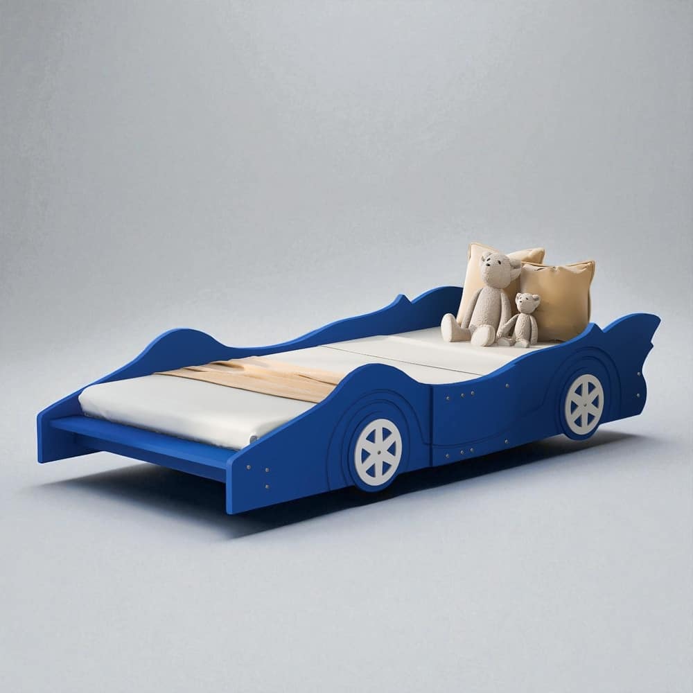 Twin/Full Size Race Car Platform Bed for Kids with Wheels and Side Rails, No Box Spring Needed