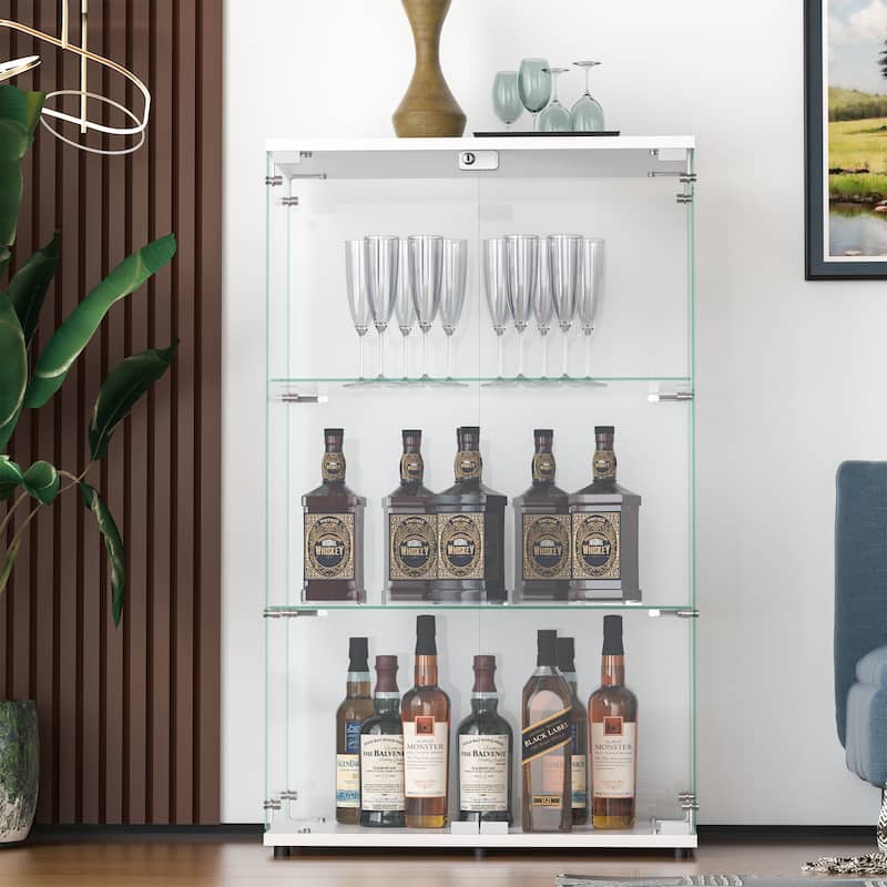 Glass Display Cabinet with Doors & Locks, Acrylic Shelves, Floor Standing Storage Showcase for Home or Office