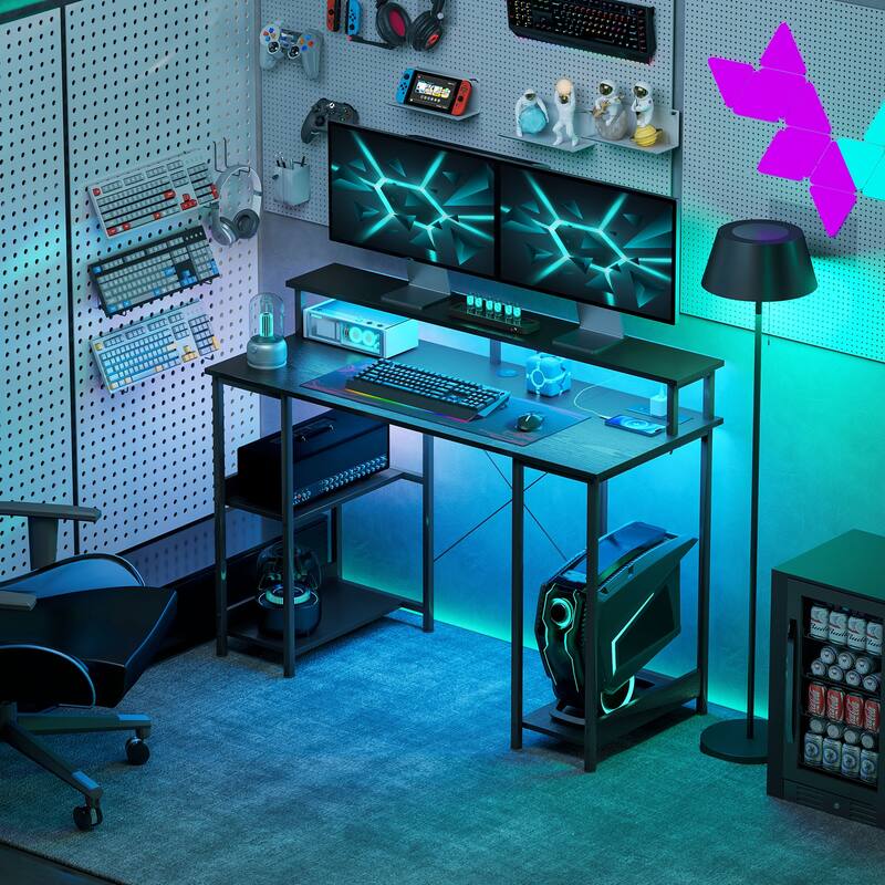Particleboard and Steel Desk with RGB Lights Monitor Stand Shelves - 47.2" - Distressed Black