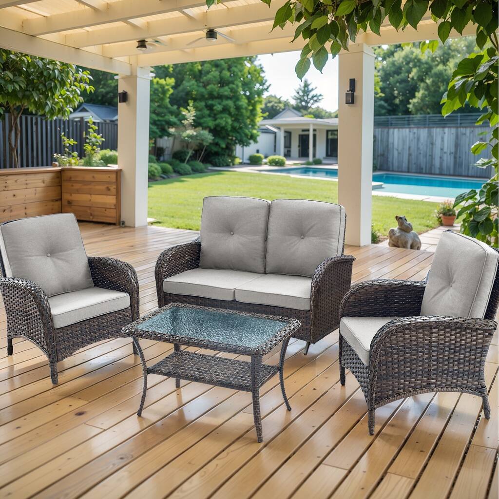 2 Seater Wicker Sofa Chai with Coffee Table - Brown