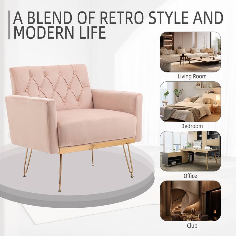 Velvet Upholstered Armchair Single Sofa Modern Tufted Reading Chairs Gold Metal Leg Wingback Chairs for Living Room Bedroom