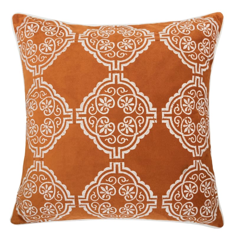 Burnt Orange Damask Embroidered Throw Pillow - Boho Geometric Cushion - Rust