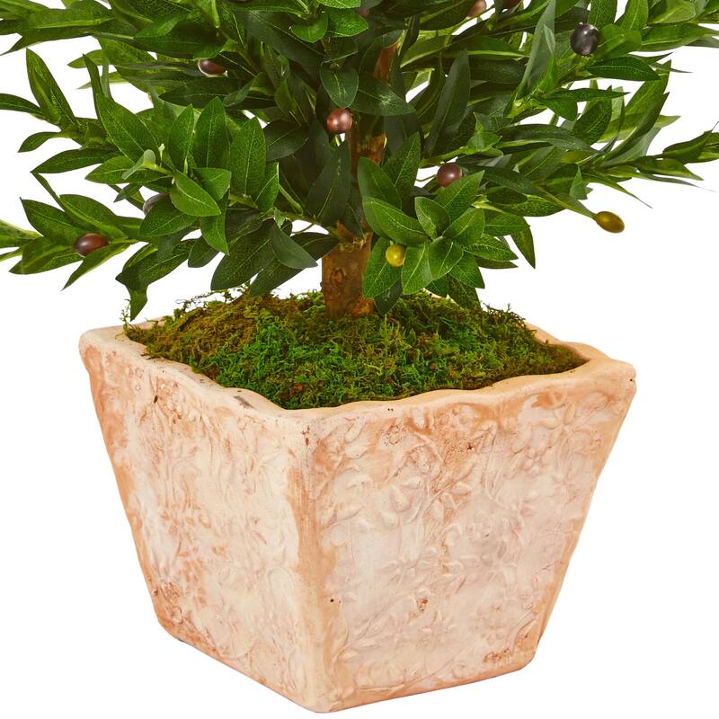 Artificial Olive Tree Topiary - 35 Inch Indoor Outdoor Cone Tree in Terra Cotta Pot - Home Decor - Green - 31-40 Inches