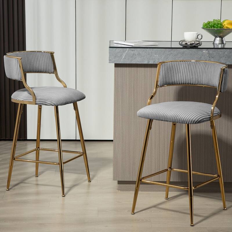 (SET of 2) 26'' Counter height bar stools Corduroy kitchen island counter bar stool with back,golden chromed base and footrest - Grey