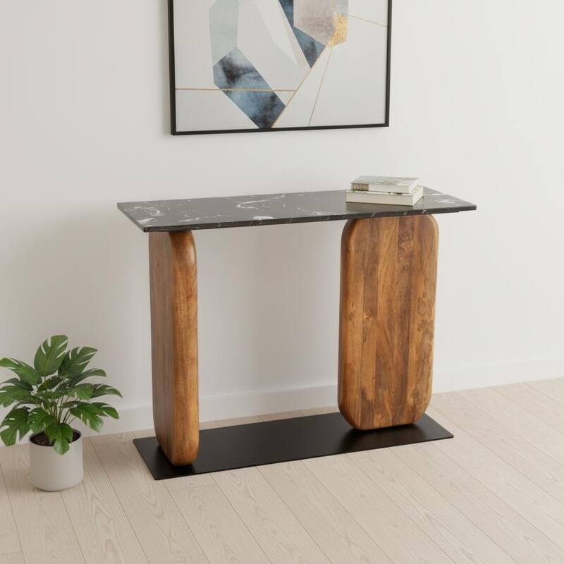 HomeRoots 43" Black and Brown Genuine Marble and Solid Wood Solid Console Table - 43.00 in. x 30.90 in. x 15.00 in. - Black